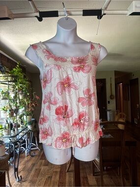 Y2K Ric Rac Women’s Floral Scoop Neck Pima Cotton Tank Top Size Small- Pink